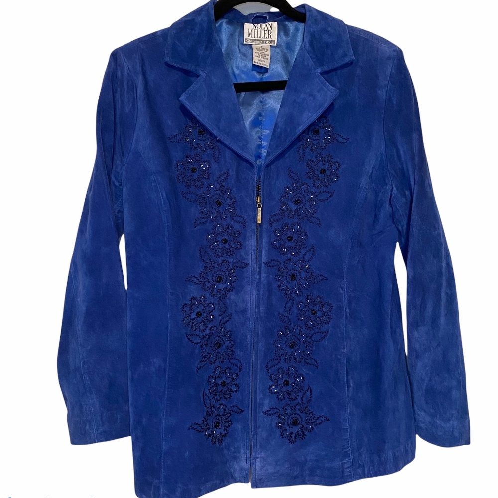 Vintage Nolan Miller Blue Suede Embroidered Zip Jacket Small